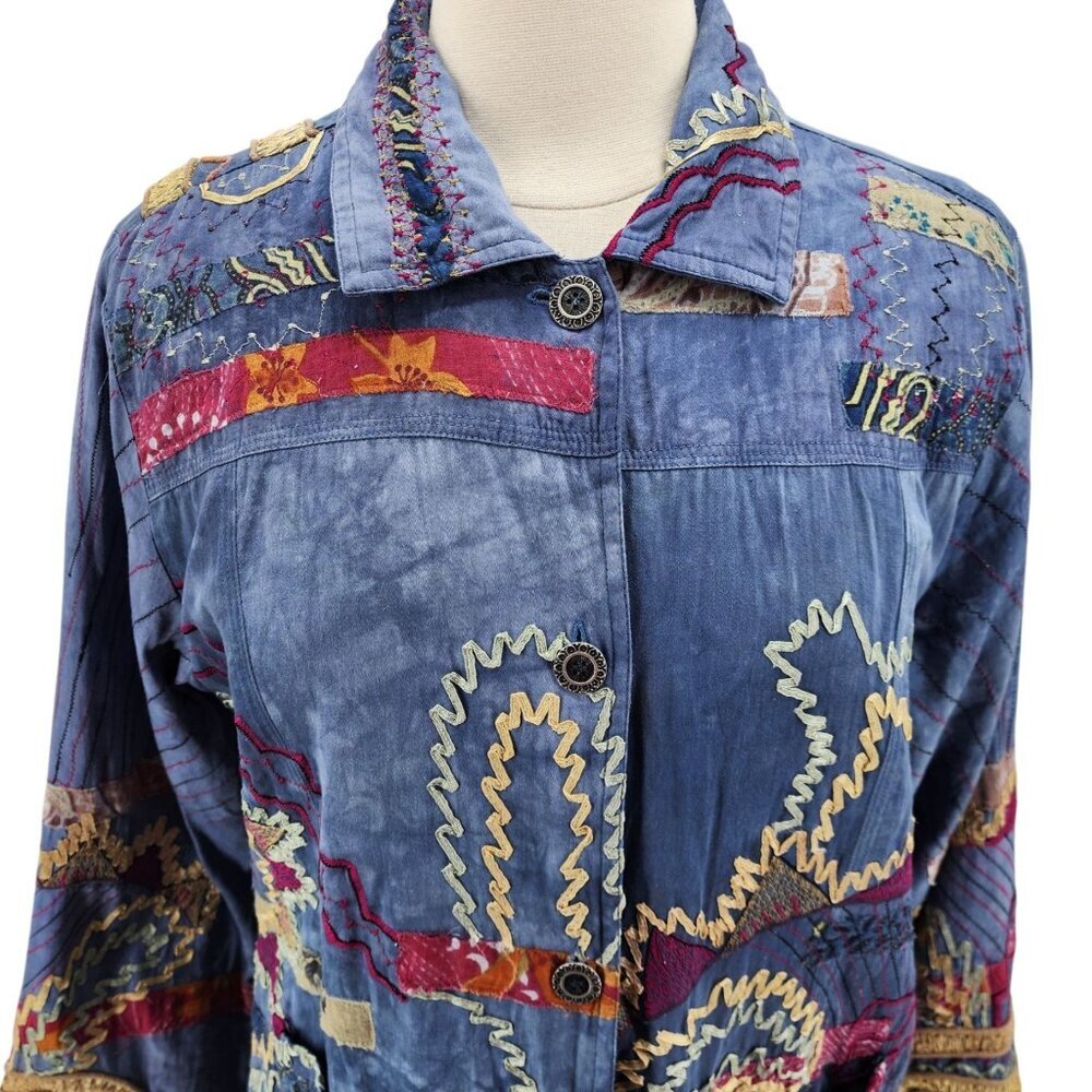 Vintage Norm Thompson Womens Large Jacket Patch Work Embroidered Tie Dye Blue - Picture 2 of 12